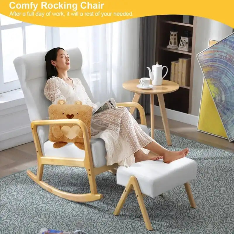 25.2 Wide Reclining Rocker Chair with Ottoman - High Back Rocking Chair, Soft Linen Fabric, Ergonomic Design