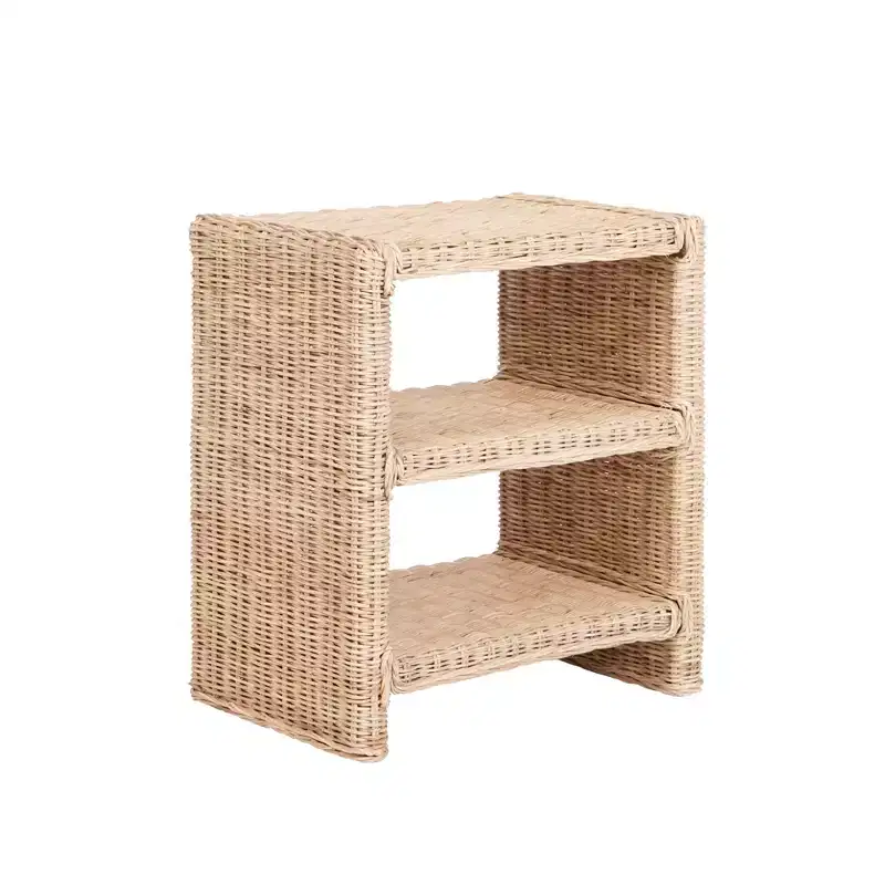 JONATHAN Y Praerie 22 Coastal Bohemian Rattan/Wood 3 Tier End Table, Natural