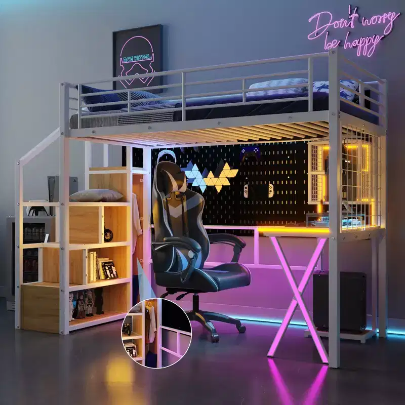 Metal Loft Bed with Desk, Wardrobe and LED Lighting