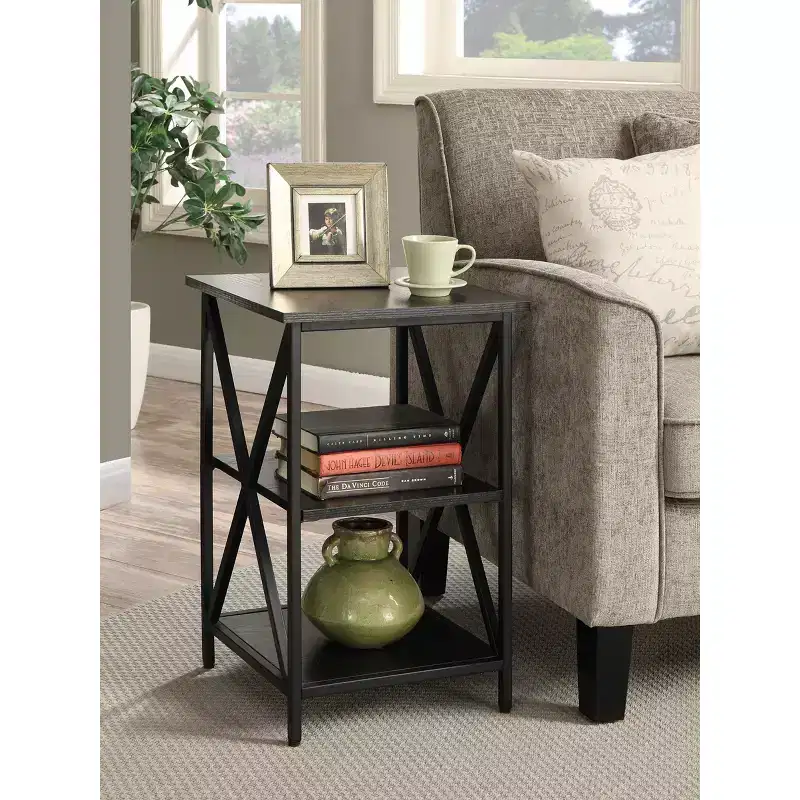Belmont Glass End Table with Shelf, Tempered Glass Sides, Spacious Top and Lower Storage Shelf for Books and Accessories