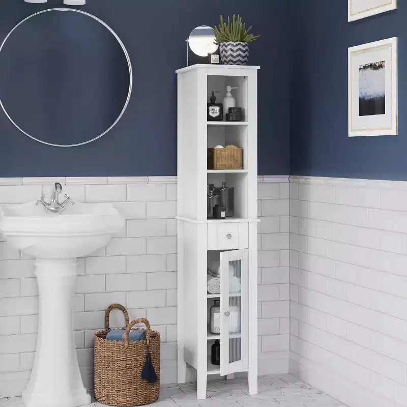 RiverRidge Prescott Tall Bathroom Storage Linen Cabinet and Organizer with Drawer, Glass Door, and Shelves - White
