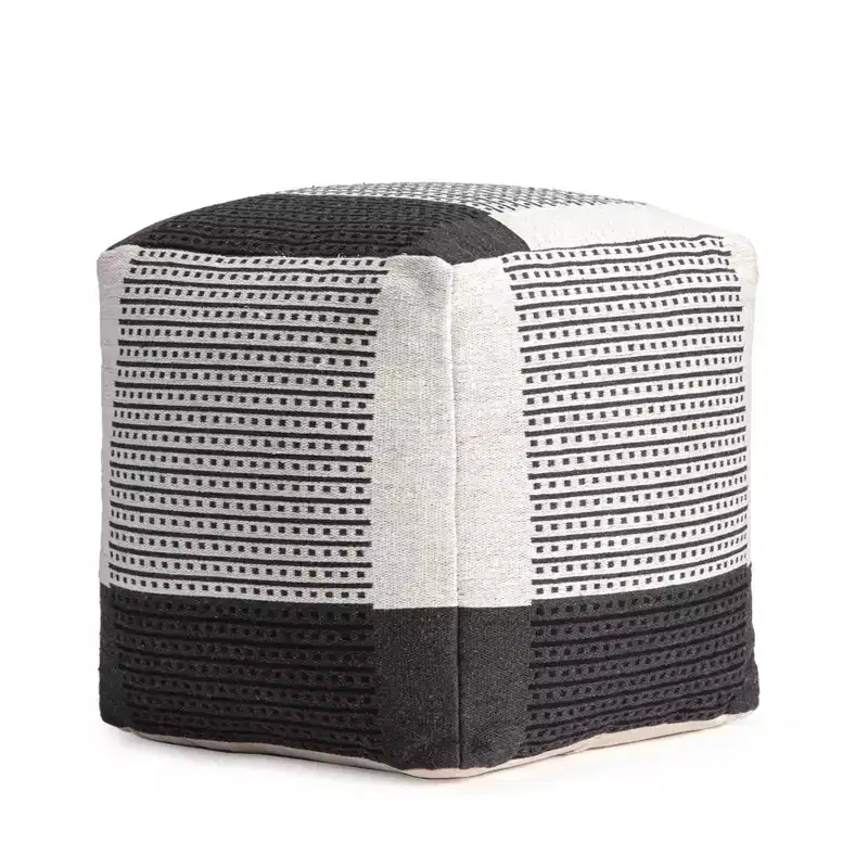 Carrapateira Pouf Black/Ivory - Anji Mountain: Modern Handmade Abstract Upholstered Ottoman, Textured Cotton, 21" Square