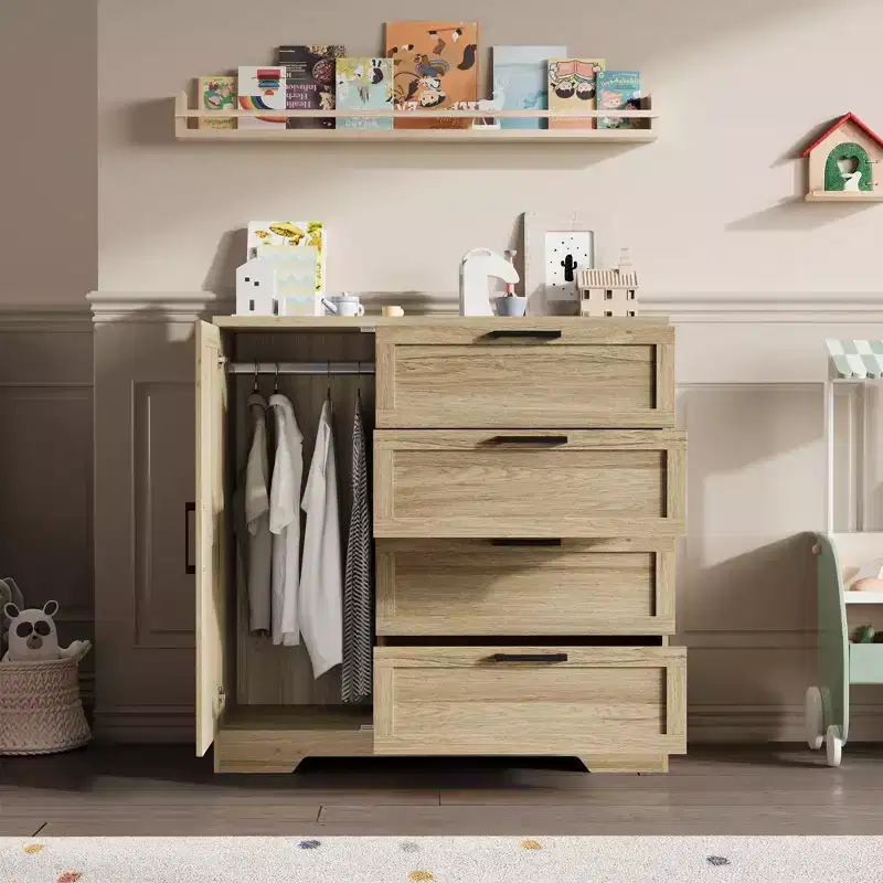 Wardrobe Closet, 43.3'' H Wood Armoire with 4 Drawers & Hanging Rod, Natural Oak Gray