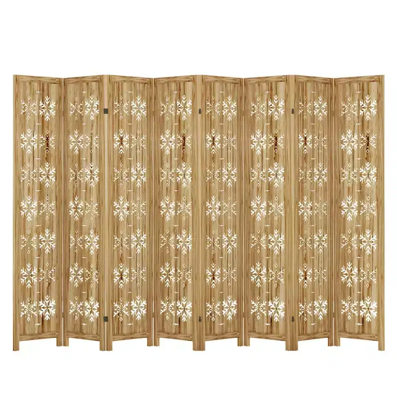 4-Panel Folding Room Divider with Snowflake Pattern - Paulownia Wood