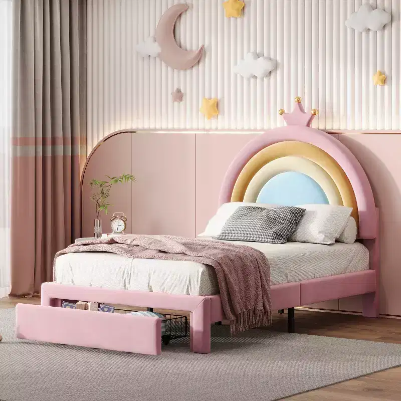 Bellemave Upholstered Princess Platform Bed Frame with Storage Drawers, Rabbit Headboard & LED Lights, Pink, Twin/Full Size Girls Bed