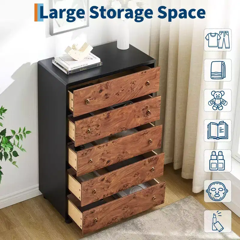 5-Drawer Dresser with Curved Profile, 46 in Tall Modern Chest with Natural Oak Texture
