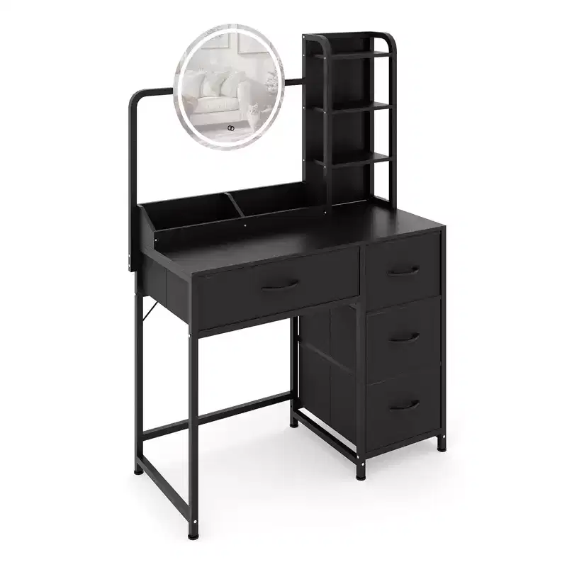 Acekool Small Vanity Desk with Lighted Round Mirror, Power Outlet, 4 Fabric Drawers, 3 Shelves, Modern Makeup Table for Bedroom, Dorm, Apartment