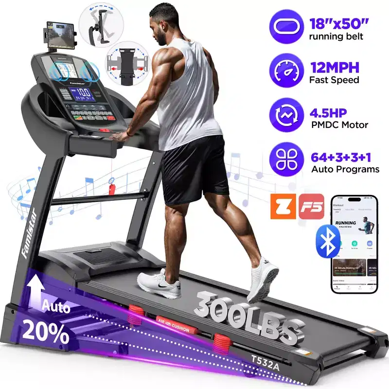 Treadmill Clearance: Portable Electric Treadmill with Handles, 20% Auto Incline, 4.5 HP Motor, Bluetooth App for Home/Office, Walking Running Machine