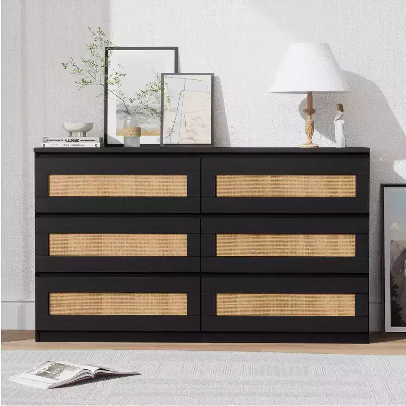 Wood Rattan 6 Drawer Dresser with Charging Station and Strong Base, Storage Organizer for Living Room, Hallway