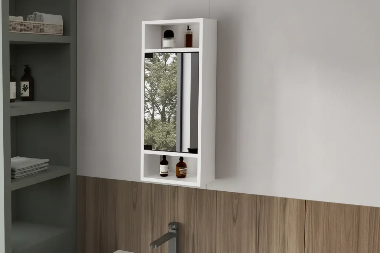 Wall-Mounted Medicine Cabinet with Mirror Door & Open Shelves - White, 28.3