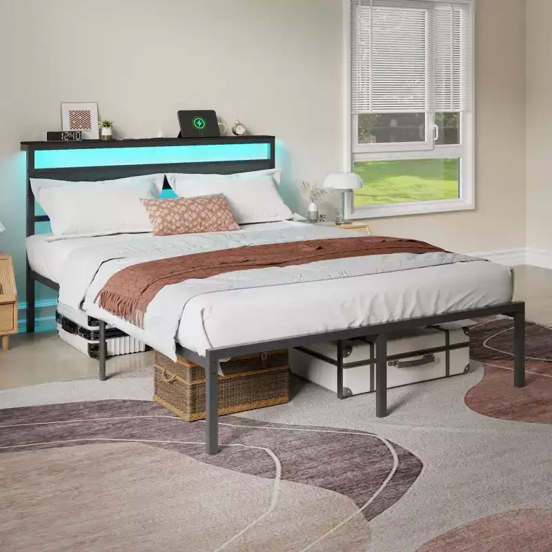 Queen Size Metal Platform Bed Frame Storage Headboard LED Lights Charging Station USB Ports Black Heavy Duty Support No Box Spring Needed Bedroom