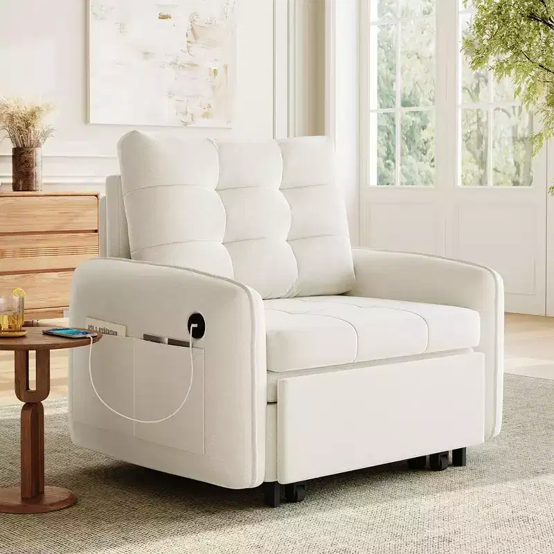 Whisen 3-in-1 Sleeper Chair Bed, 80 Extra Long Pull Out Sleeping Lounge, Chenille Single Sofa Bed with Storage Pockets