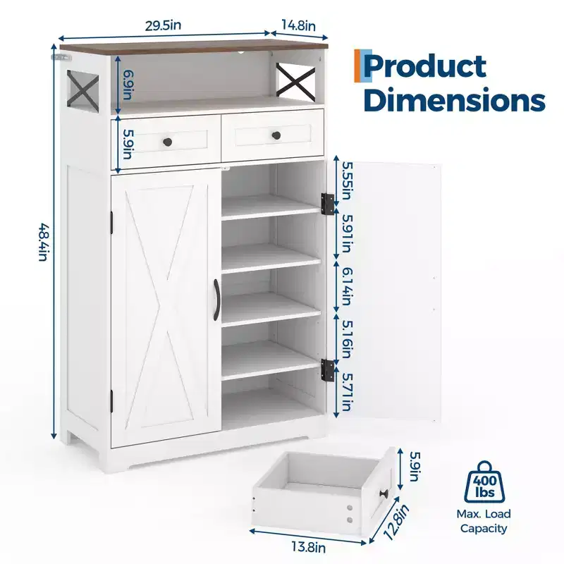 Modern Farmhouse Shoe Storage Cabinet, Adjustable Shelves, Freestanding Entryway Organizer, for Living Room, Bedroom