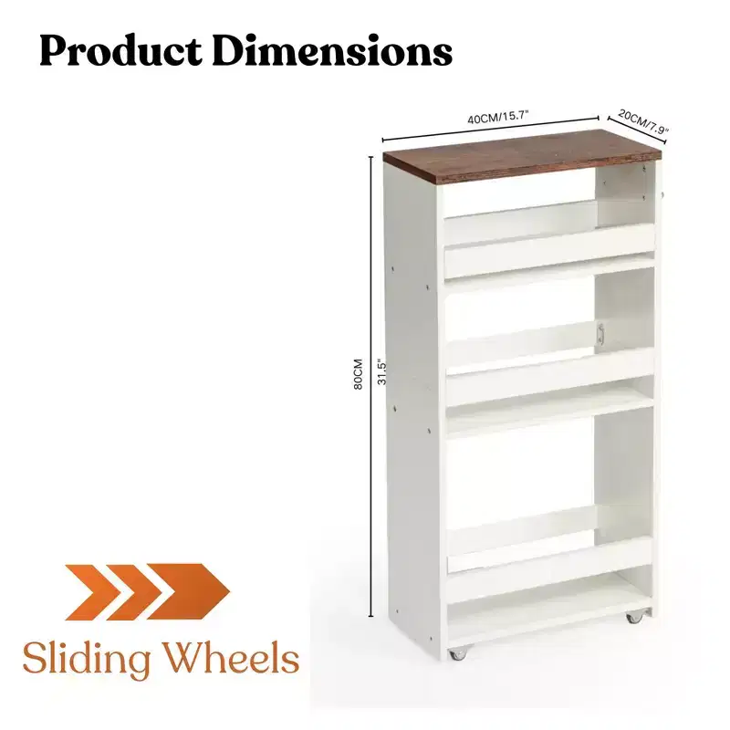FurnitureR Rolling Storage Cart, Utility Carts on Wheels, 4 Tier Kitchen Cart with Handle, 7.9 W Storage Narrow Cart for Bathroom Laundry Room