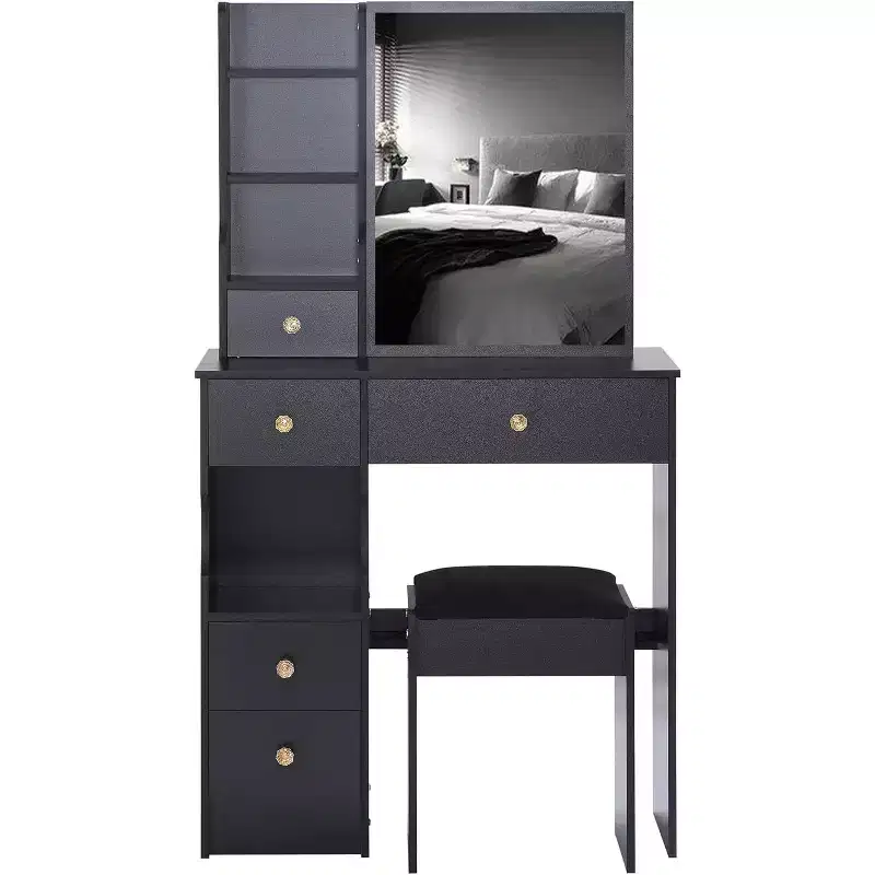 Vanity Desk with Cushioned Stool, Sliding Mirror & Multi-Layer Storage