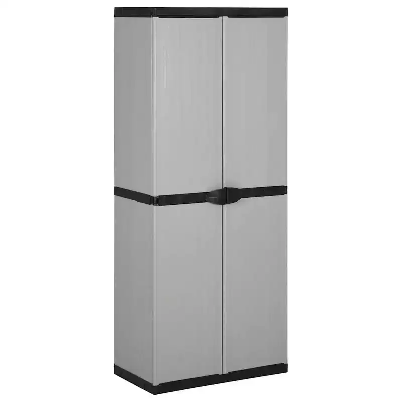 Tall Outdoor Storage Cabinet – 3 Adjustable Shelves, Lockable, PVC & PP, Gray & Black, 66.1