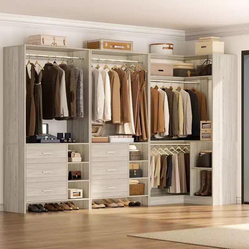 92-In Closet System with Wood Drawers, Corner Closet Organizer with Hanging Rods