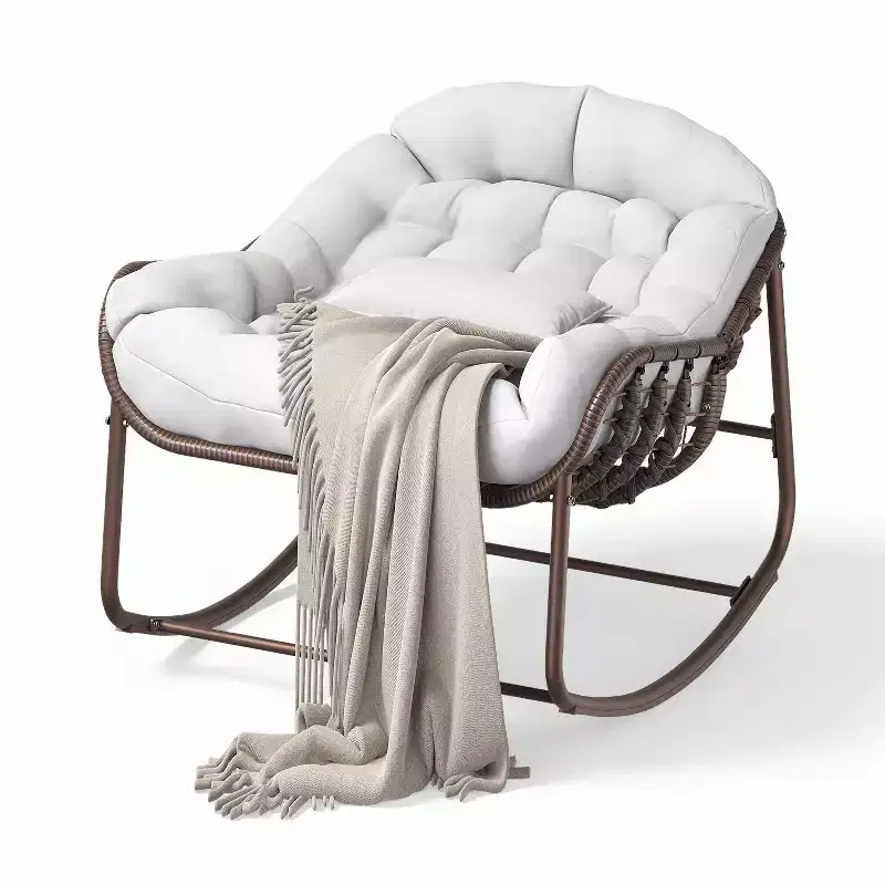 Oversized Outdoor Papasan Rocking Chair  Ergonomic Design Durable Wicker, Weather-Resistant Cushion Supports Up to 450 lbs