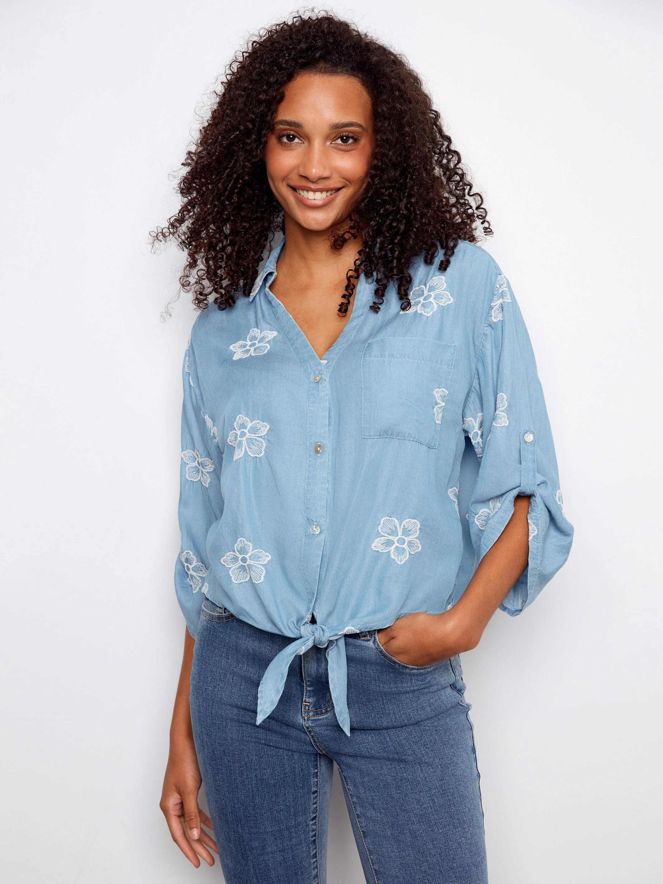 Embroidered Soft Fabric Blouse With Front Tie - Light Blue