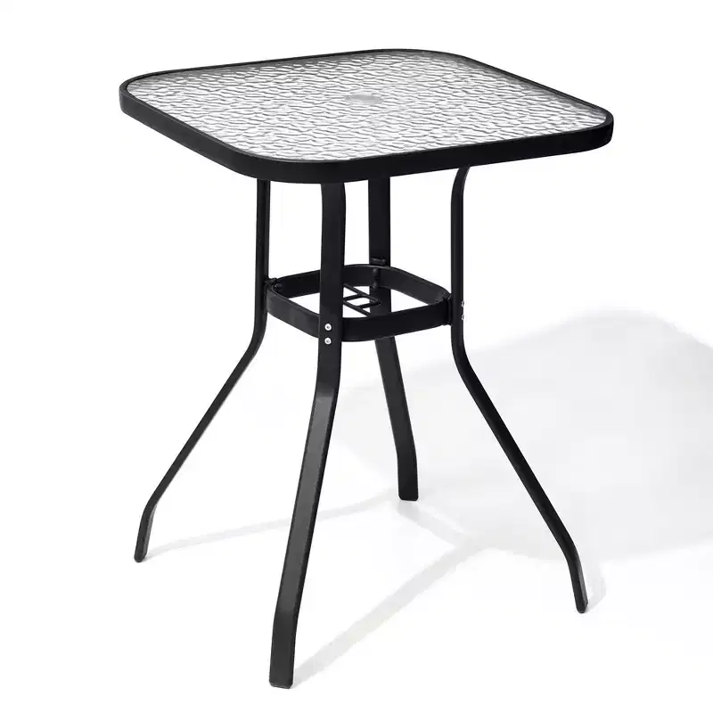 Crestlive Products Outdoor Bar Table with Umbrella Hole Patio Dining Bistro Table Aluminum Frame & Tempered Glass Top Outside Banquet Furniture