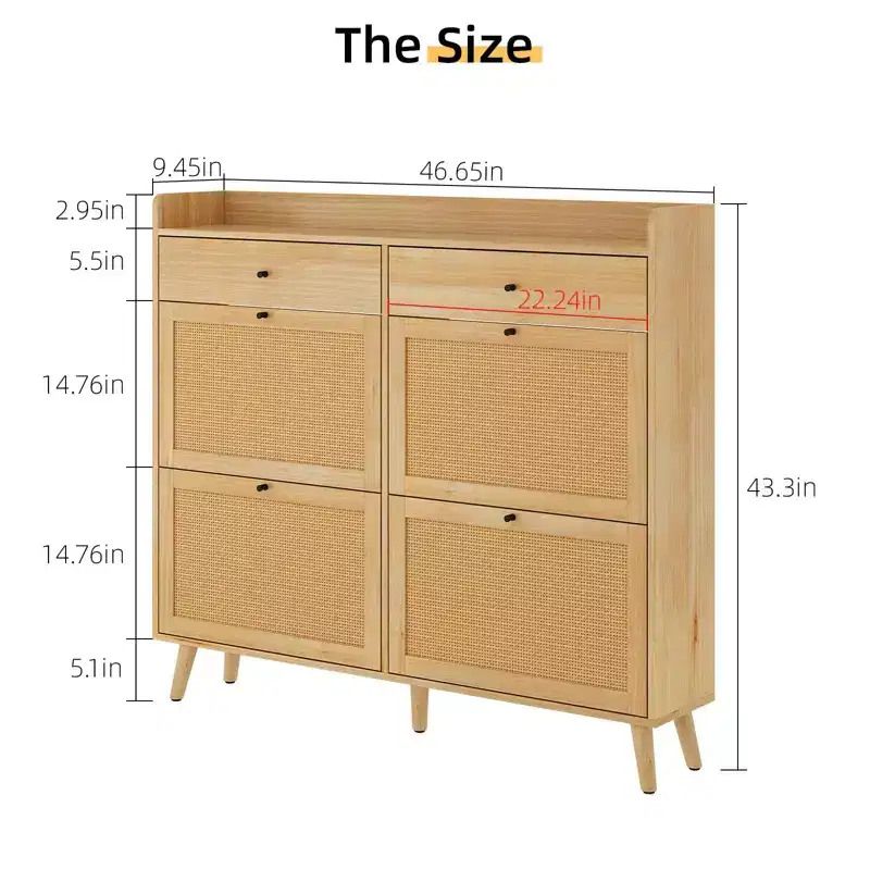 Rattan Shoe Cabinet Storage, Shoe Organizer Cabinet with 4 Flip Drawers, Hidden Shoe Storage Free Standing Wood Shoe Cabinet