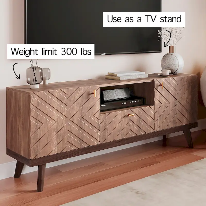 Mid-Century Modern TV Stand Console with Drawer, Beige, Fits TVs up to 65 in, Wood Legs
