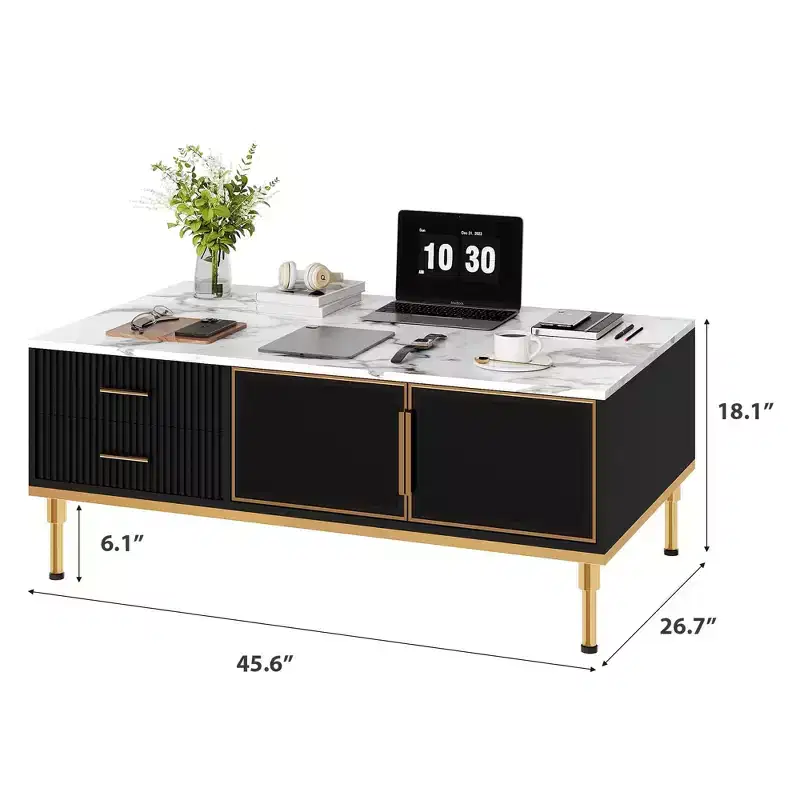 GustoWave Modern Coffee Table, Rectangle Center Table with 4 Drawers & 4 Glass Doors for Home Bedroom Office