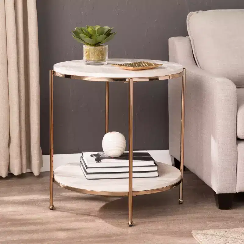 Silas Round Faux Stone End Table - Champagne - SEI