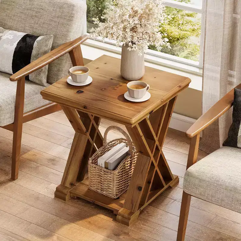 Lantine Solid Wood Side Table, Small Square End Table, Farmhouse 2-Tier Nightstand for Living Room, Bedside, Couch Side, Bedroom, Small Spaces, Brown