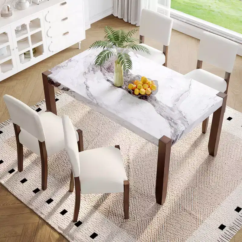 Faux Marble Dining Table Set for 4, 5 Pieces Rectangle Dining Table with 4 Upholstered Chairs for Small Space Kictchen