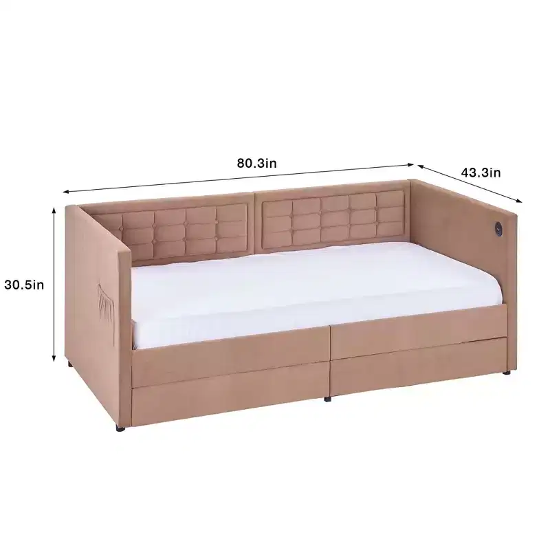 Twin Daybed with Storage Drawers, Upholstered Day Bed with Button Tufted headboard for Living Room/Bedroom, Built-in USB & Type C Ports, Brown