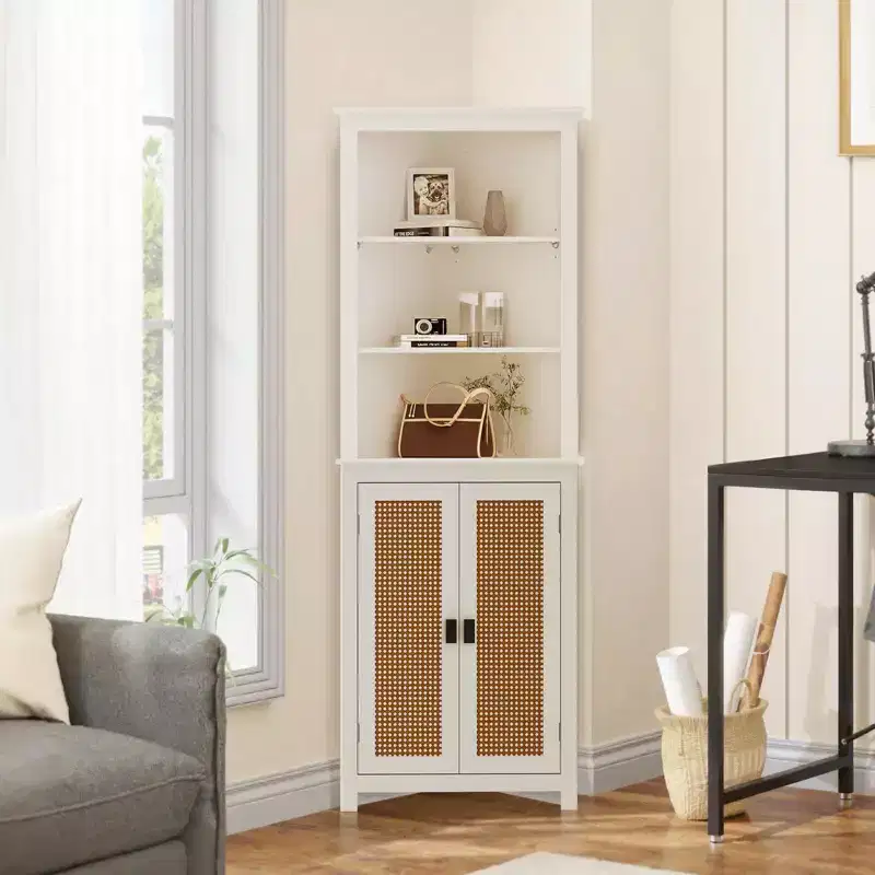 GustoWave 64 Tall Farmhouse Corner Cabinet with 2 Barn Doors, Buffet Pantry Adjustable Shelves, Farmhouse Storage Cabinet, White