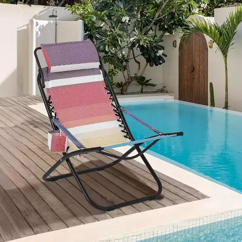Beach Chairs for Adults, Portable Folding Chair with Headrest & Cup, Camping Chairs for Beach and Yard, Support to 250LBS Holder