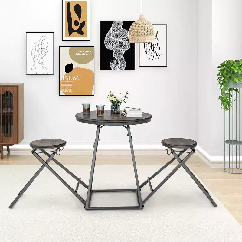 Costway 3-Piece Bar Table Set Round Pub Dining Table & 2 Foldable Stools w/ Metal Frame