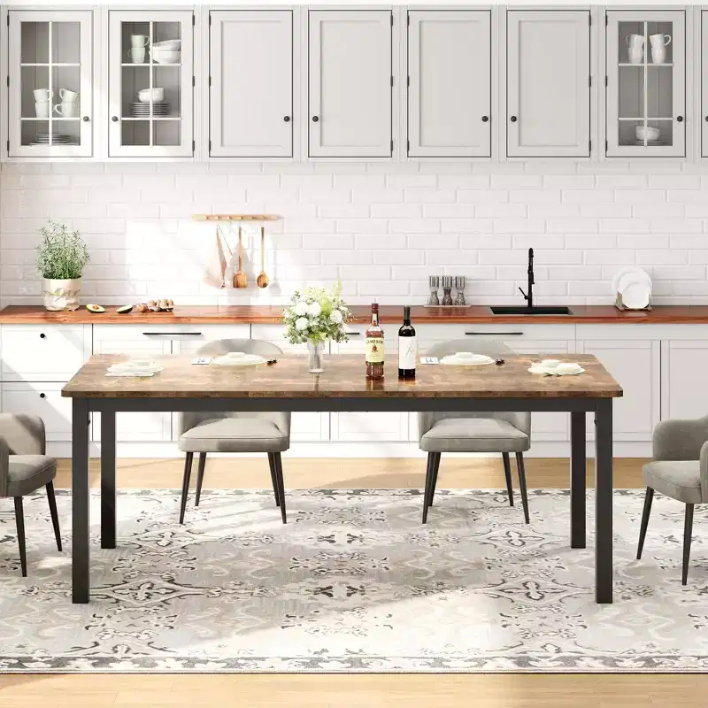 Rectangular Wood Dining Table for 6-8 People with Strong Metal Frame, Industrial Style