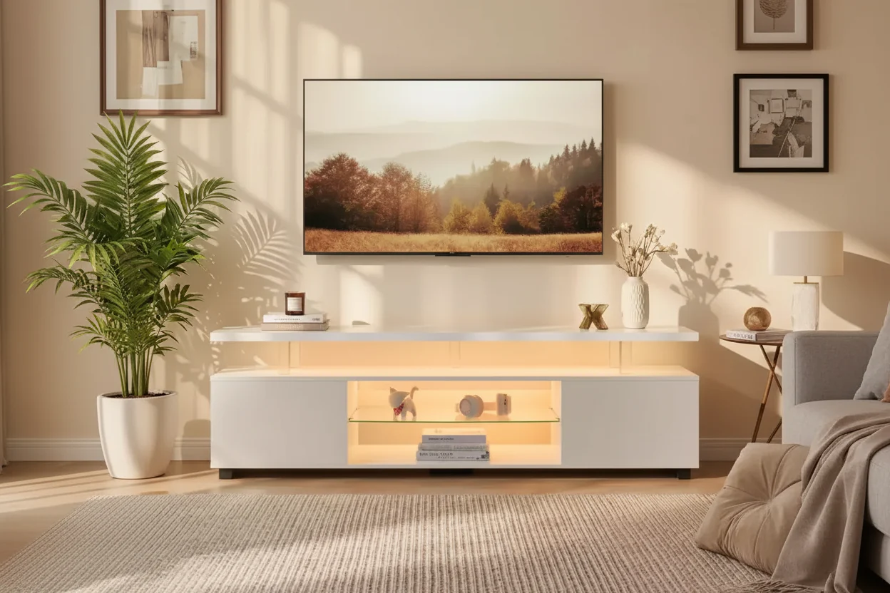 TV Stand for 70 Inch TV LED Gaming Entertainment Center Media Storage Console Table with Large Side Cabinet for Living Room White