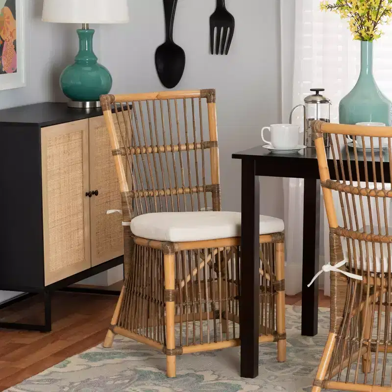 bali & pari Kim Modern Bohemian White Fabric and Natural Brown Rattan Dining Chair
