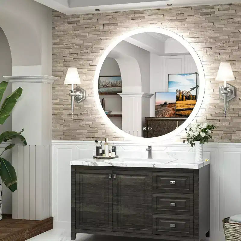 Keonjinn LED Round Front Light Bathroom Vanity Wall Mirror, 3 Color Temperatures Dimmable, Anti-Fog