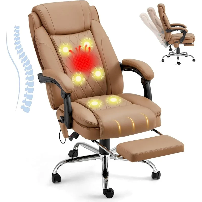 Ergonomic Heated Executive Office Chair, 2/4/6-Point Massage, Retractable Footrest, PU Leather
