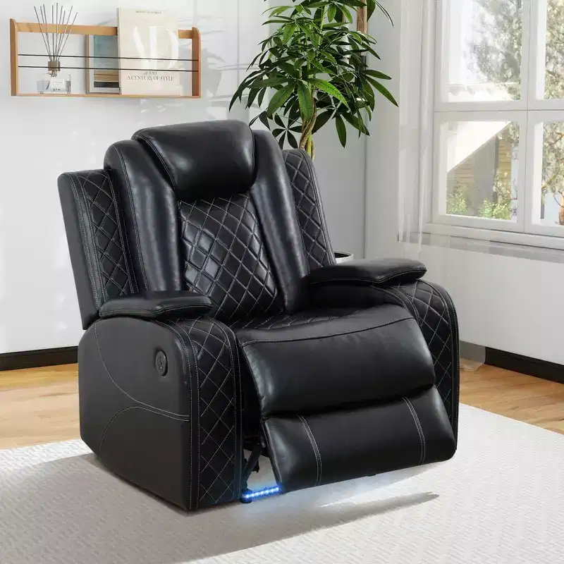 Power Recliner Chair, Electric Leather Reclining Chair with USB Charging and LED Lighting, Adjustable Backrest, Black