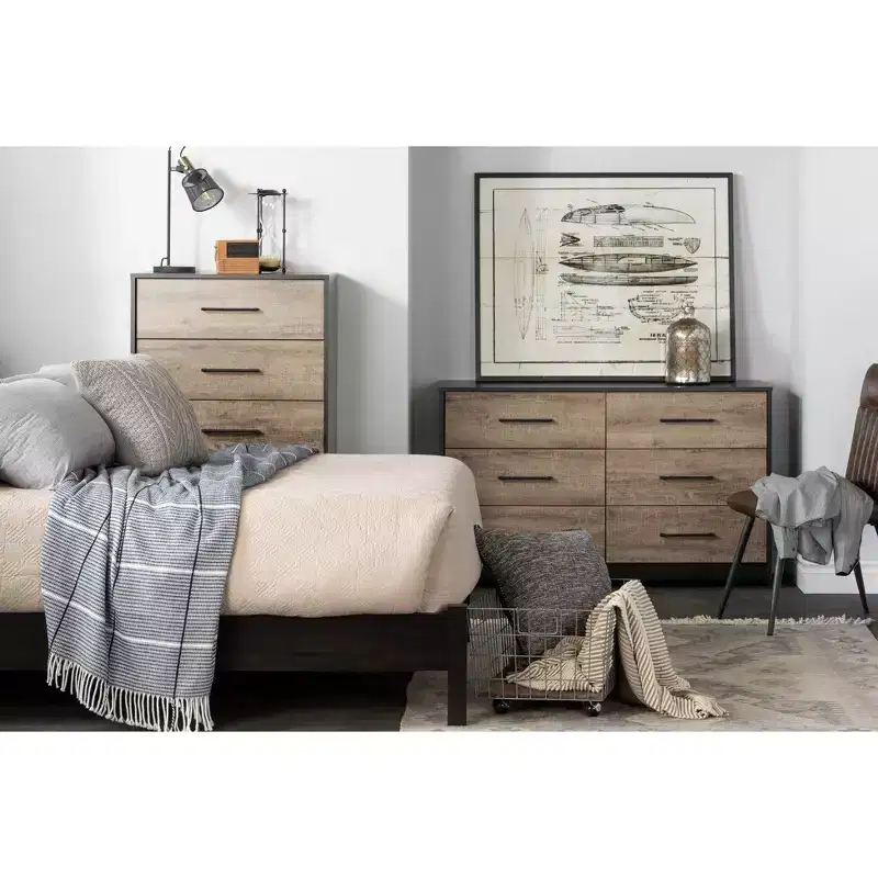 South Shore Londen 5 Drawer Chest Rubbed Black/Weathered Oak: Sturdy Metal Slides, Industrial Design, 5-Year Warranty