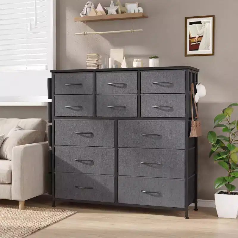 12-Drawer Fabric Dresser with Bins – Tall Wood Top Storage Tower, Dark Gray