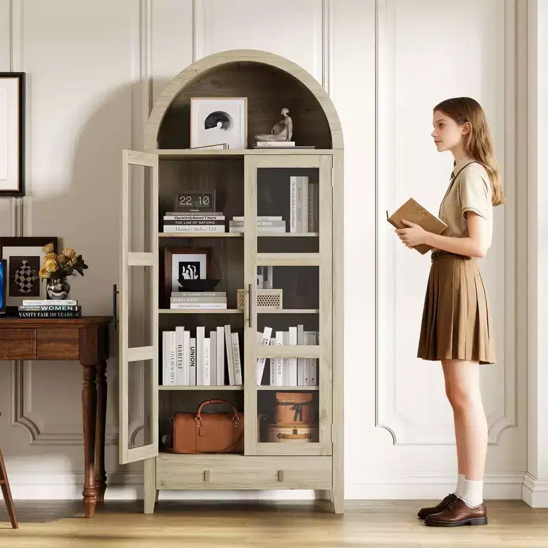 Pantry Cabinet, Kitchen Storage Cabinet  71 Tall Arched Farmhouse Design with LED Lights, Adjustable Shelves & Glass Door, Oak