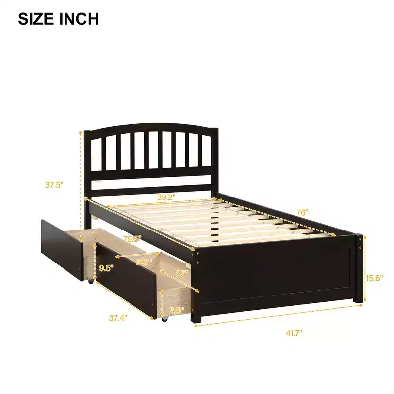 Twin Size Wood Platform Bed With 2 Storage Drawers, Easy Assembly
