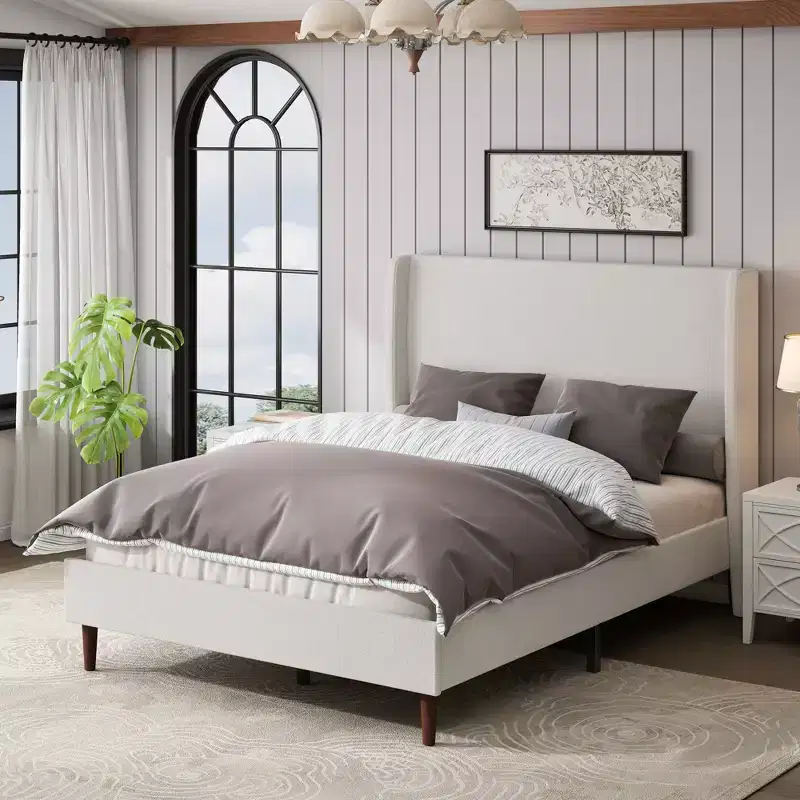 Queen/King Size Upholstered Bed Frame, Chenille High Headboard Platform Bed, No Box Spring Needed, Ivory White