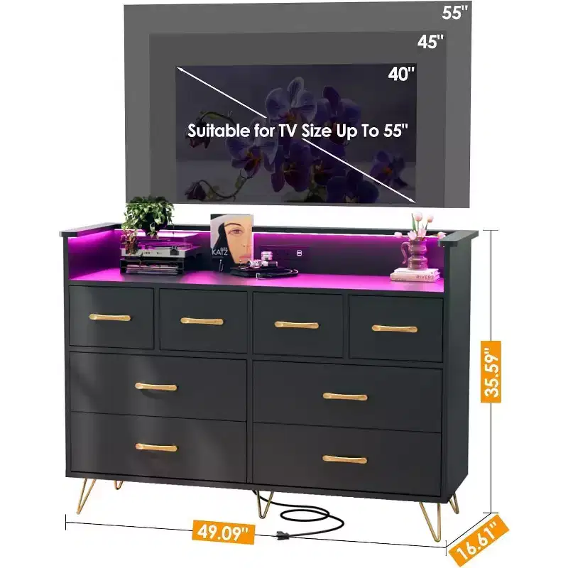 Dresser TV Stand, Dresser for Bedroom w/LED Light & Charging Station Entertainment Center with Storage 8 Drawers Wooden Dressers w/Open Space