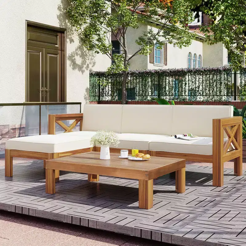 GDFStudio Danna 5 Piece Outdoor Acacia Wood Sectional Sofa Set with Table and Cushions