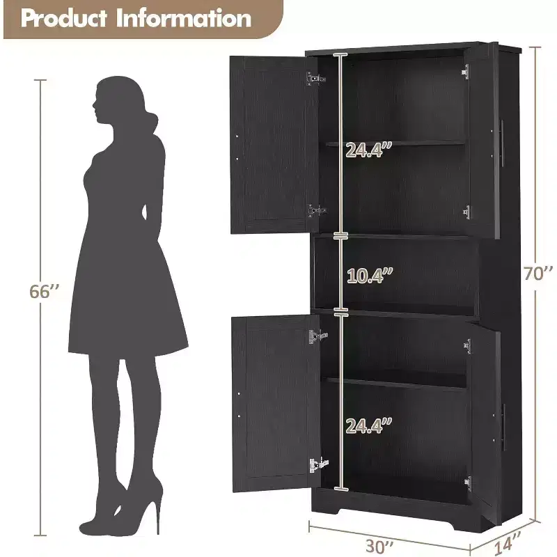 70 Inch Tall Kitchen Storage Cabinet with 4 Doors and Adjustable Shelves