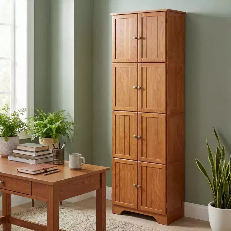 JVNOXK 72.4 Oak Freestanding Tall Storage Cabinet with 8 Doors & 4 Shelves for Home