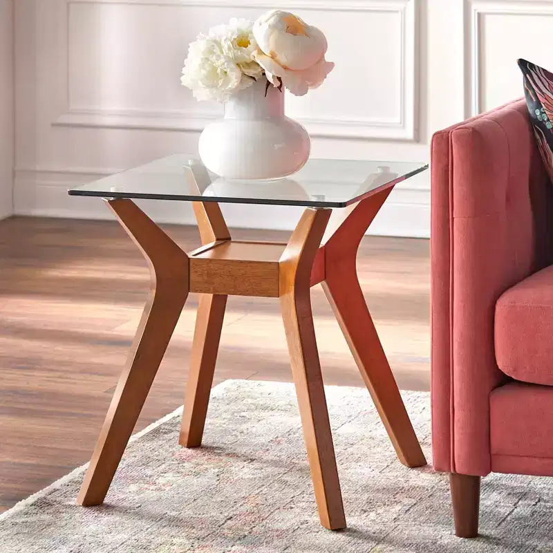 Buylateral Fontana Glass Top End Table Walnut: Mid-Century Modern, Rubberwood Frame, Clear Tempered Top